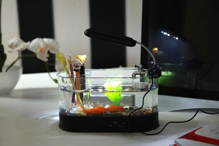 Skrivbordsakvarium med LED-Lampa och Klocka