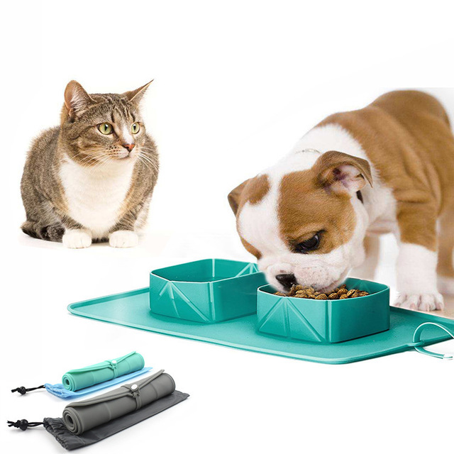 Hopfällbar Silikonskål med Matta – För Katt & Hund