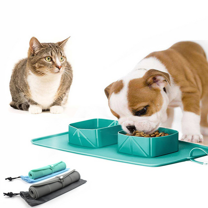 Hopfällbar Silikonskål med Matta – För Katt & Hund