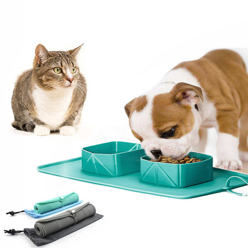 Hopfällbar Silikonskål med Matta – För Katt & Hund