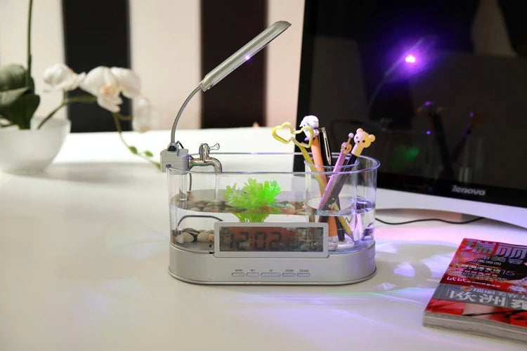 Skrivbordsakvarium med LED-Lampa och Klocka