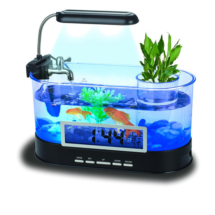 Skrivbordsakvarium med LED-Lampa och Klocka